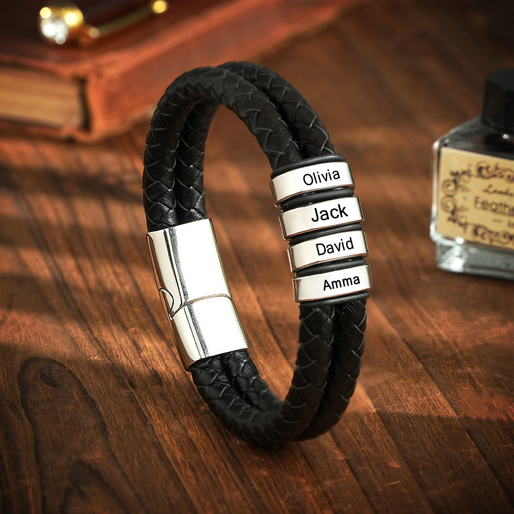 Personalized Engraved Leather Bracelet Custom Bead Braided Leather Bracelet