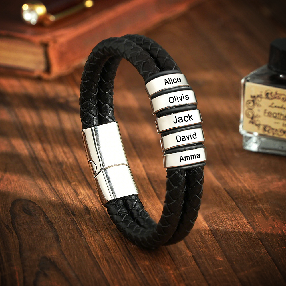 Personalized Engraved Leather Bracelet Custom Bead Braided Leather Bracelet