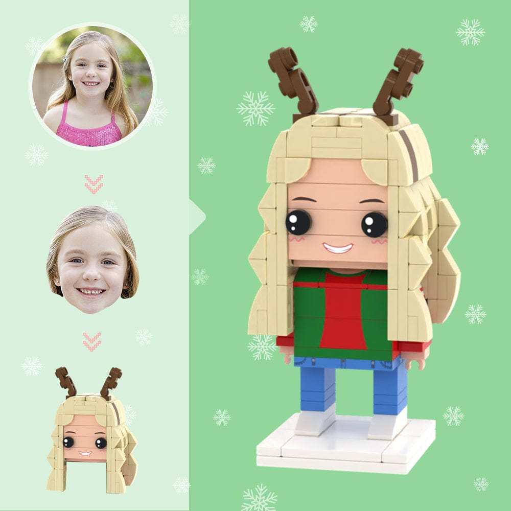 Christmas Gifts Custom Head Brick Figures Personalized Girl with Antlers Brick Figures Small Particle Block Toy - NameNecklace