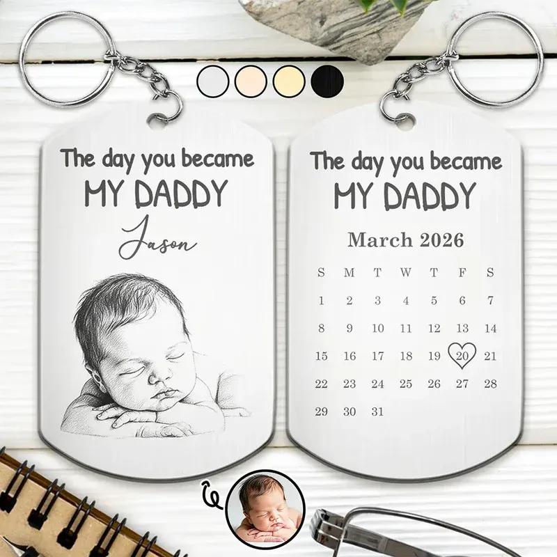 Custom Name Baby Picture Keychain Personalized Birth Date Calendar Metal Key Ring Newborn Birthday Gift for Husband