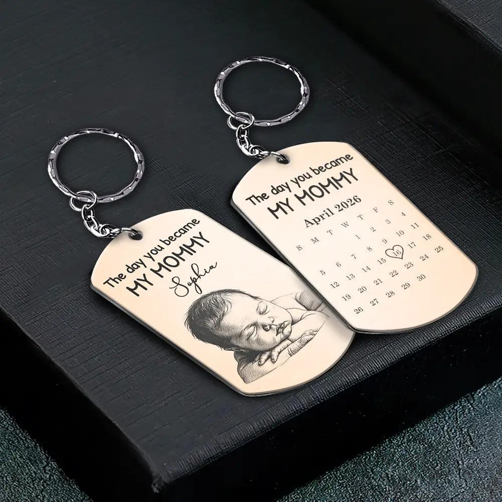 Custom Name Baby Picture Keychain Personalized Birth Date Calendar Metal Key Ring Newborn Birthday Gift for Husband