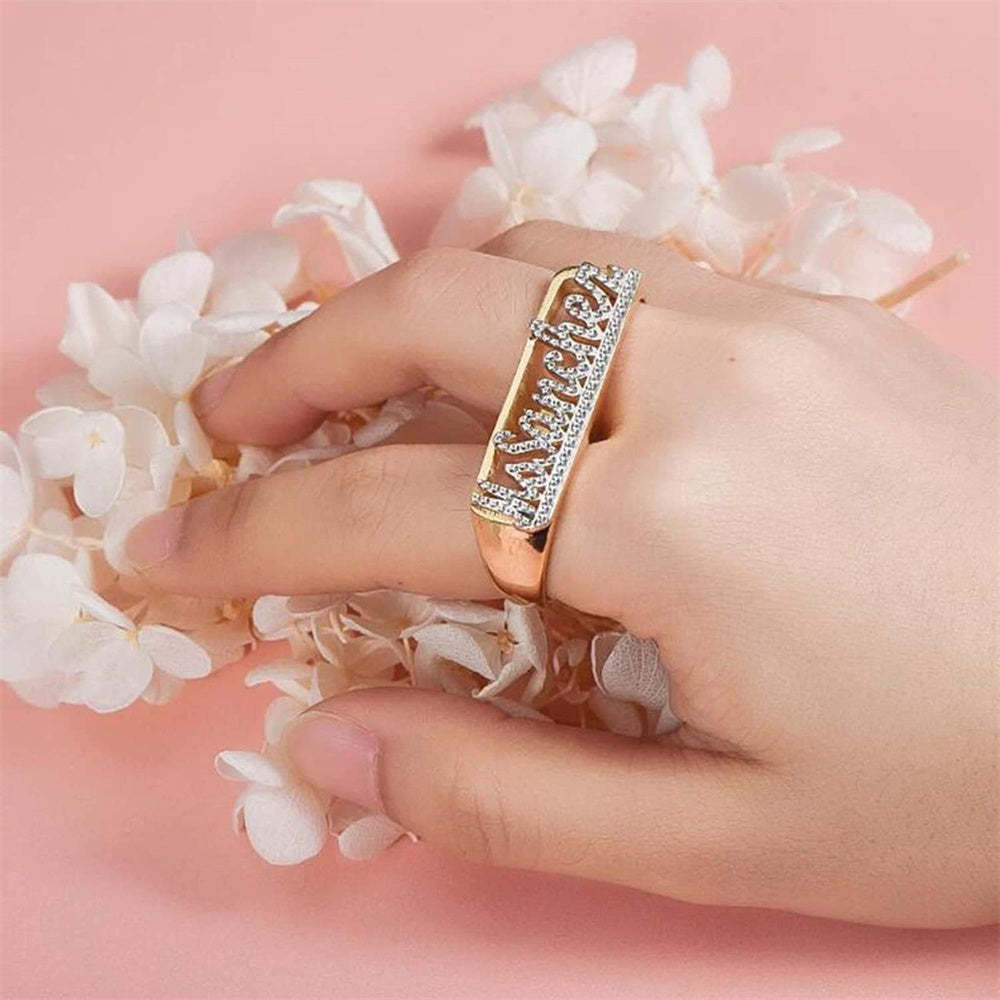Personalized Name Ring With White Zircon Two Fingers Ring Jewelry Gift for Women Men - NameNecklace