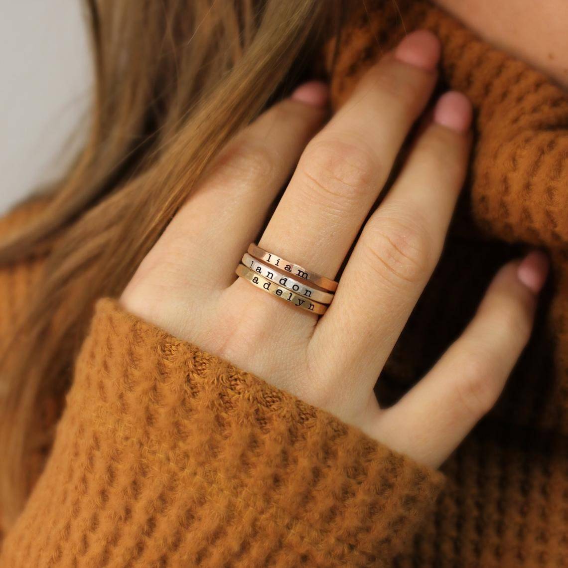 Personalized Stackable Name Ring Set Custom Name Band Ring Dainty Stacking Jewelry Minimalist Engraved Name Ring Set