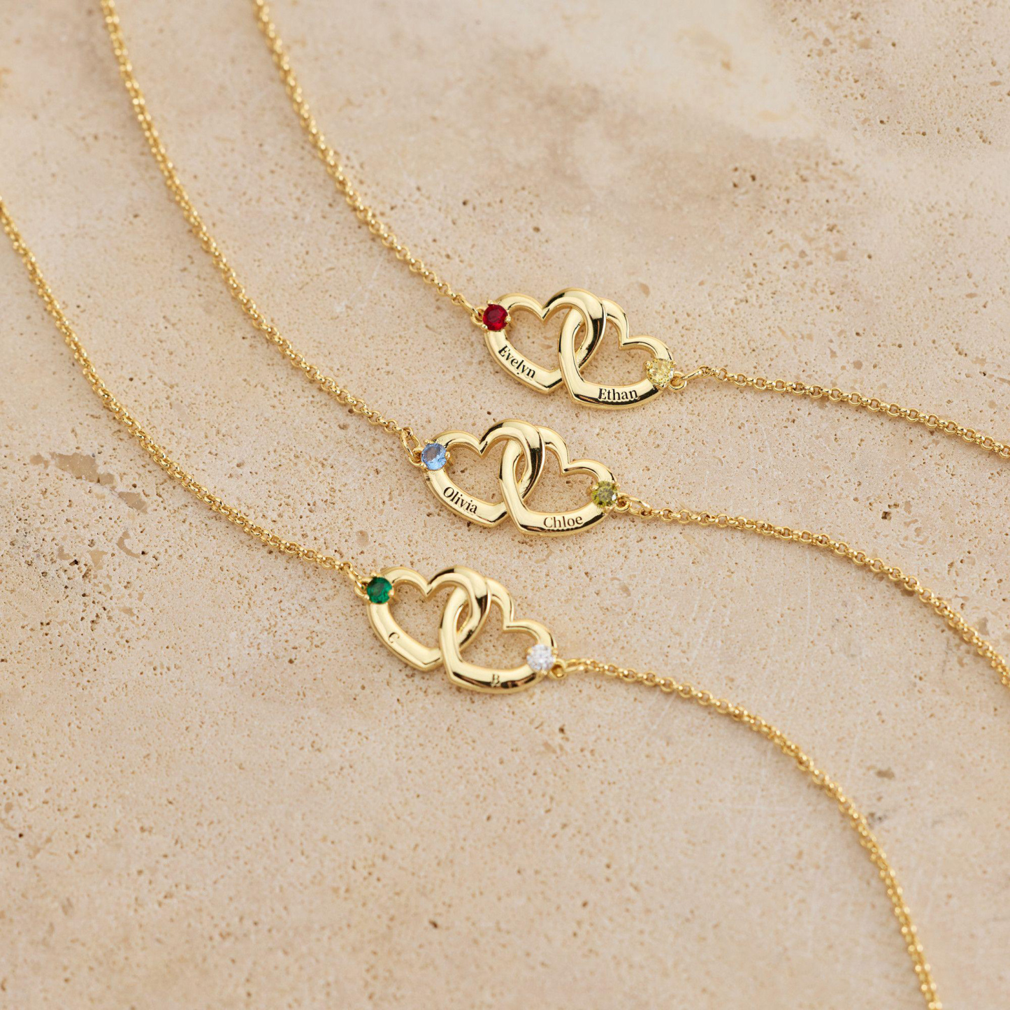 Custom Interlocking Heart Name Bracelet Birthstone Engraved Personalized Double Heart Bracelet for Couples Best Friends