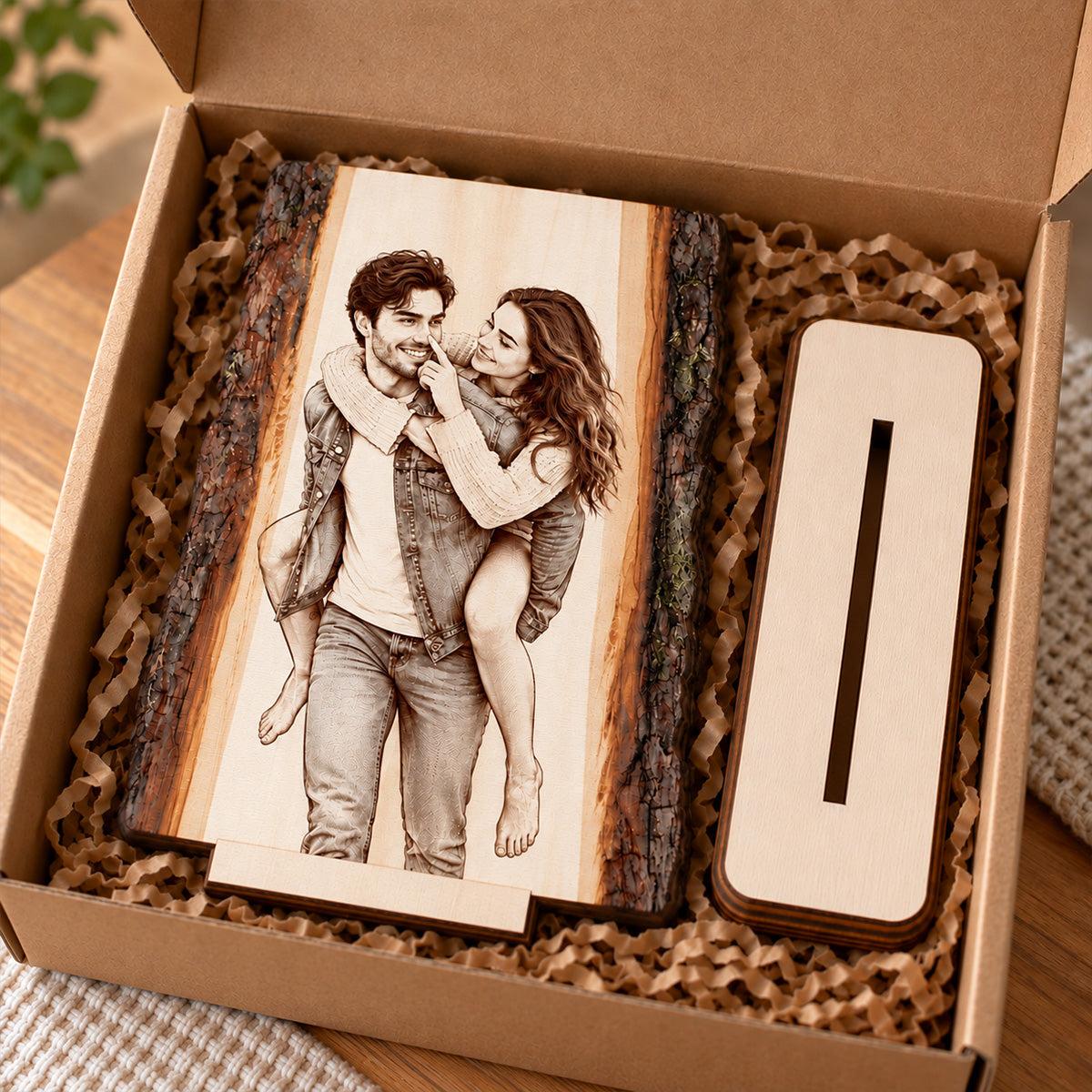 Custom Photo Pencil Sketch Wooden Plaque Personalized Double Sided Wood Slice Tabletop Decor Couple Keepsake Gift