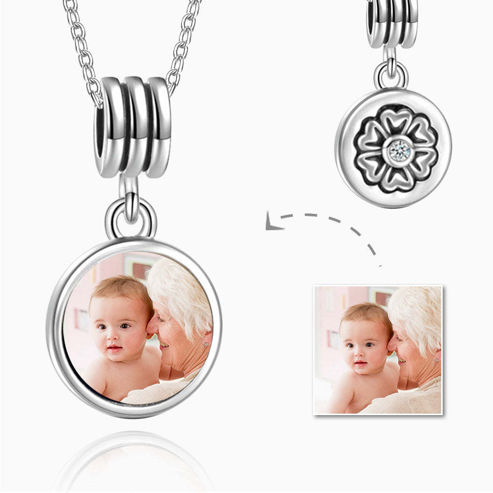 Dangle Round Petal Photo Necklace Silver