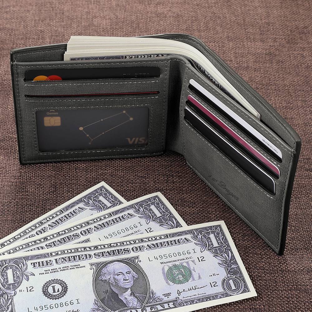 Men's Bifold Engraved Photo Wallet - Gray Leather
