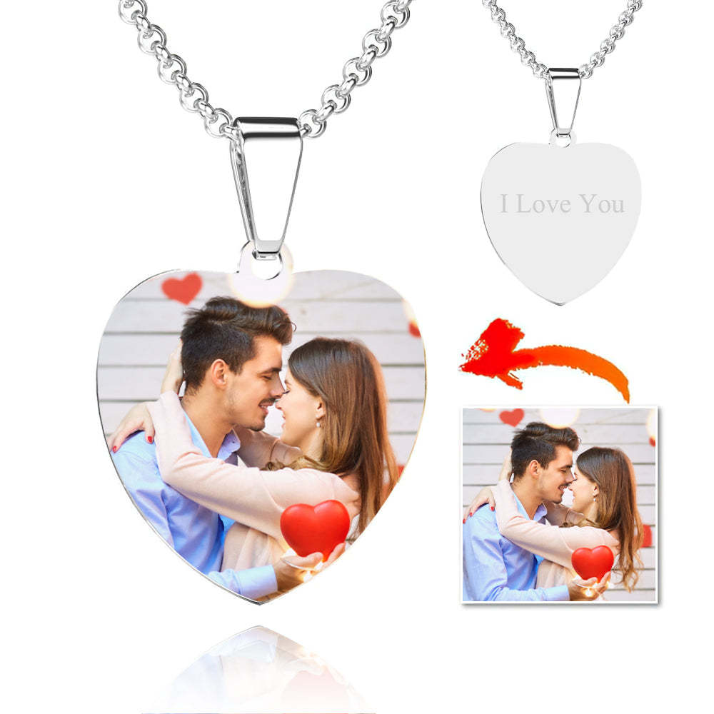 Stainless Steel Photo Heart Tag Necklace Engraved Pendant Valentine's Day Gift for Her