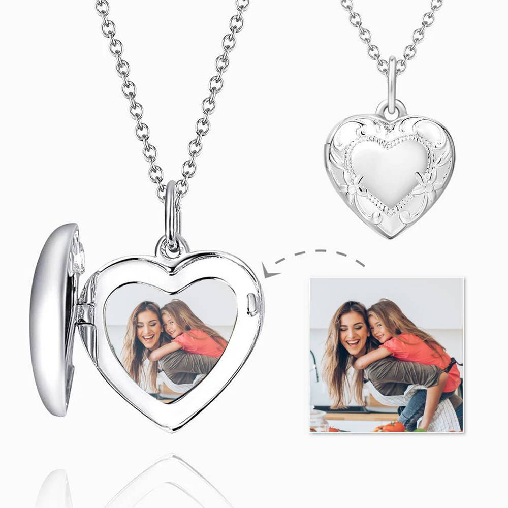 Embossed Heart Photo Locket Necklace With Engraving Platinum Plated