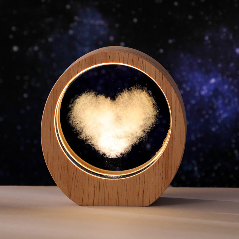 3D Engraved Crystal LED Night Light with Wooden Base – Desktop Decorative Atmosphere Lamp Gift