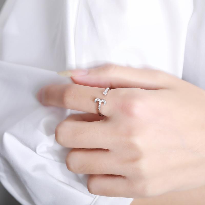 925 Sterling Silver 12 Zodiac Constellation Zircon Adjustable Open Ring for Women - Horoscope Statement Jewelry