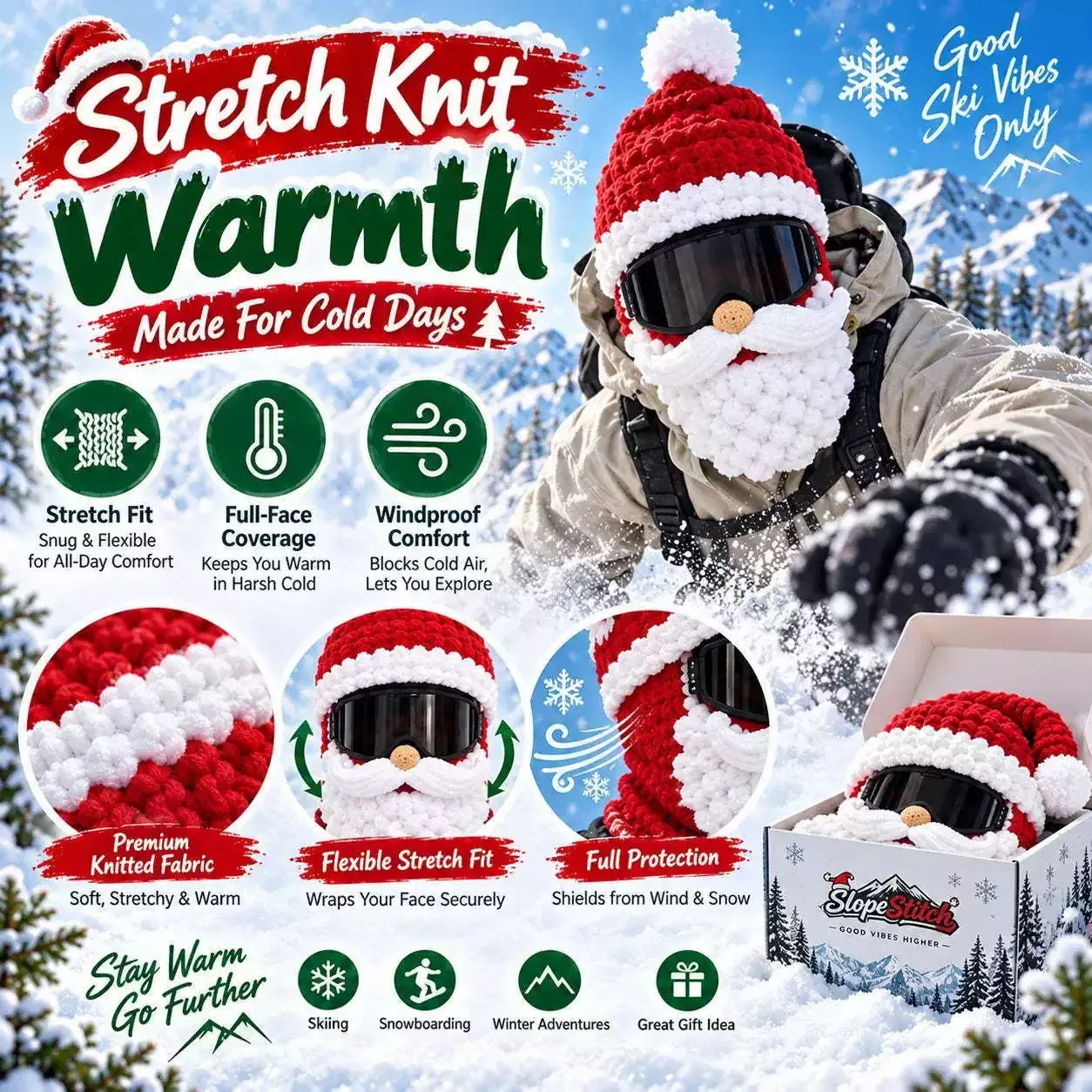 Novelty Christmas Knit Ski Mask Thermal Windproof Gingerbread Elf Balaclava For Winter Sports