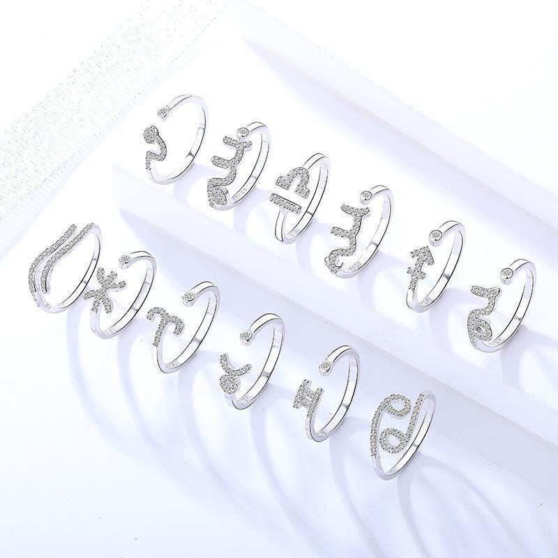 925 Sterling Silver 12 Zodiac Constellation Zircon Adjustable Open Ring for Women - Horoscope Statement Jewelry
