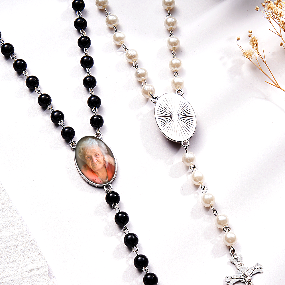 Custom Rosary Beads Cross Multi-Color Necklace Sentimental Memorial Gift Baptism Gift, First Communion Gift, Confirmation, Baby or Little Girl Keepsake Prayer Personalized Necklace with Photo Memorable Gift for Women