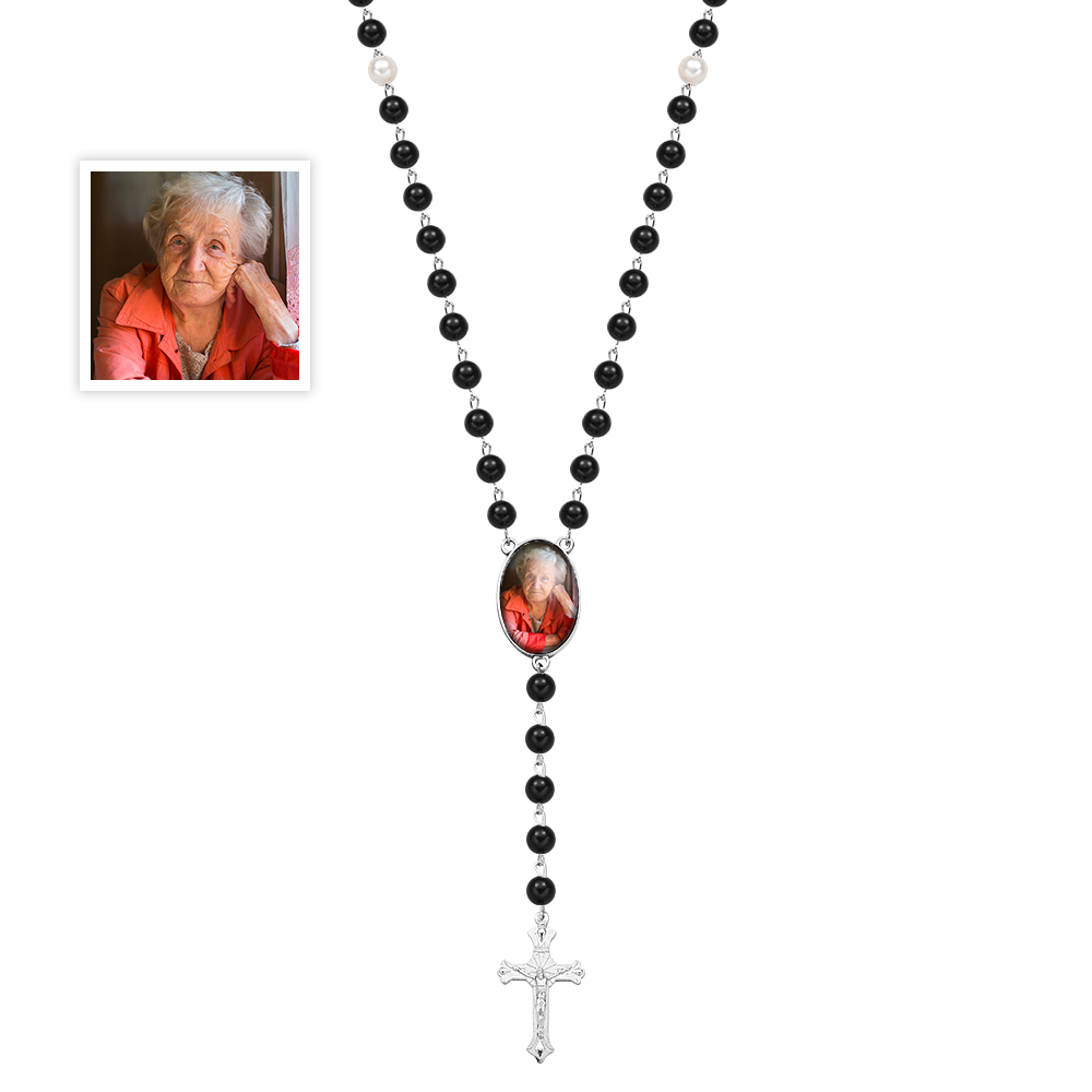 Custom Rosary Beads Cross Multi-Color Necklace Sentimental Memorial Gift Baptism Gift, First Communion Gift, Confirmation, Baby or Little Girl Keepsake Prayer Personalized Necklace with Photo Memorable Gift for Women
