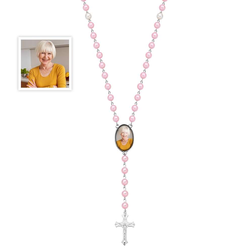 Custom Rosary Beads Cross Multi-Color Necklace Sentimental Memorial Gift Baptism Gift, First Communion Gift, Confirmation, Baby or Little Girl Keepsake Prayer Personalized Necklace with Photo Memorable Gift for Women