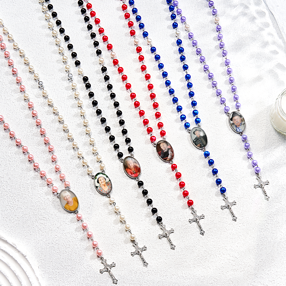 Custom Rosary Beads Cross Multi-Color Necklace Sentimental Memorial Gift Baptism Gift, First Communion Gift, Confirmation, Baby or Little Girl Keepsake Prayer Personalized Necklace with Photo Memorable Gift for Women