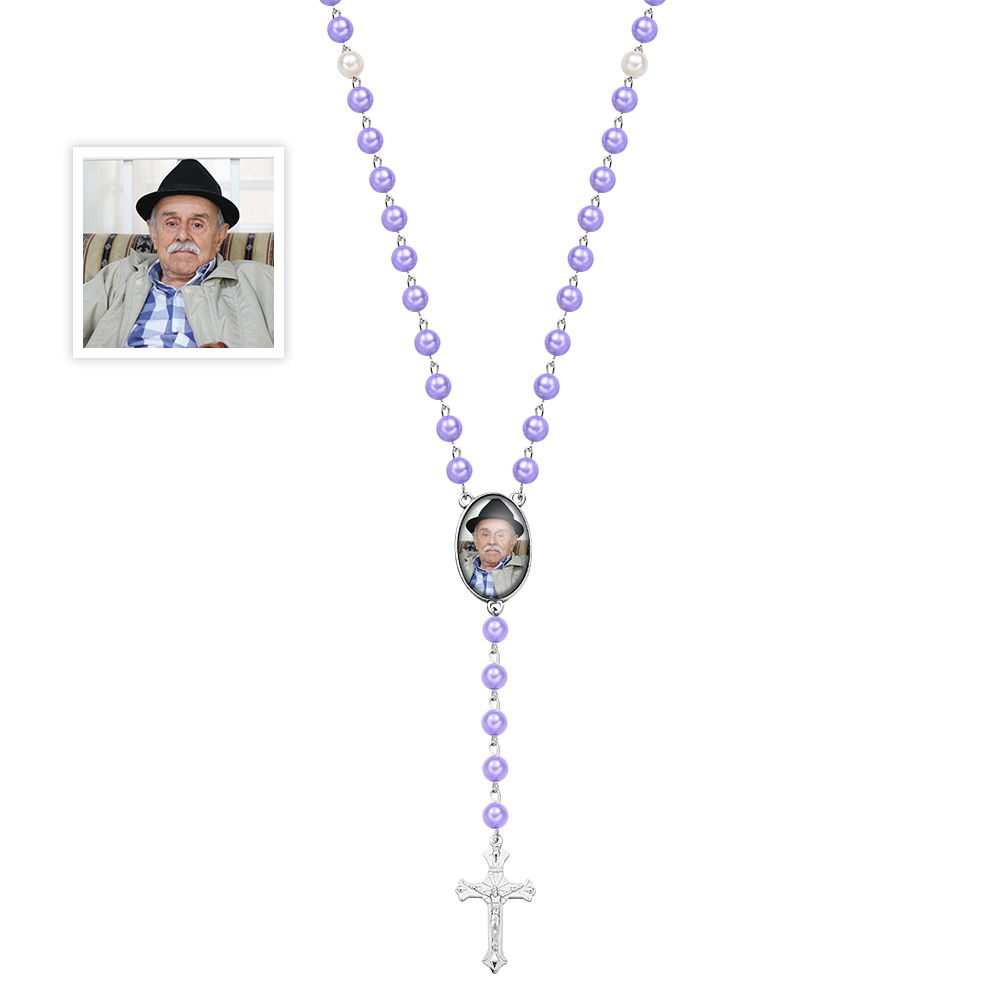 Custom Rosary Beads Cross Multi-Color Necklace Sentimental Memorial Gift Baptism Gift, First Communion Gift, Confirmation, Baby or Little Girl Keepsake Prayer Personalized Necklace with Photo Memorable Gift for Women
