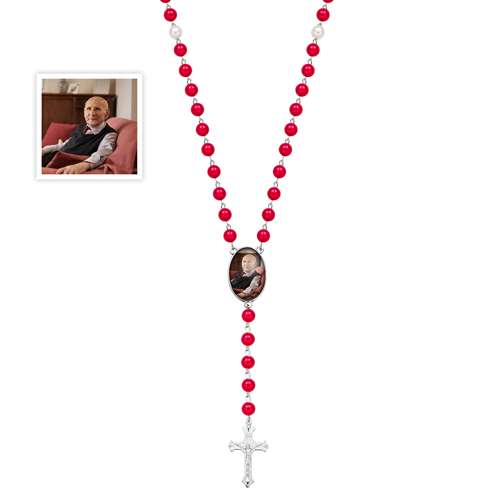 Custom Rosary Beads Cross Multi-Color Necklace Sentimental Memorial Gift Baptism Gift, First Communion Gift, Confirmation, Baby or Little Girl Keepsake Prayer Personalized Necklace with Photo Memorable Gift for Women