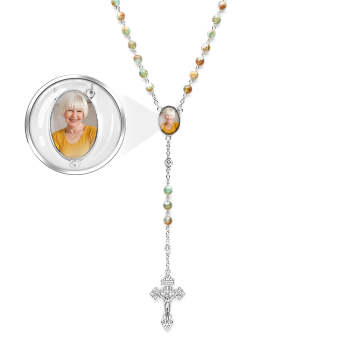 Custom Rosary Beads Cross Necklace Personalized Green Necklace with Photo - Myphotowallet