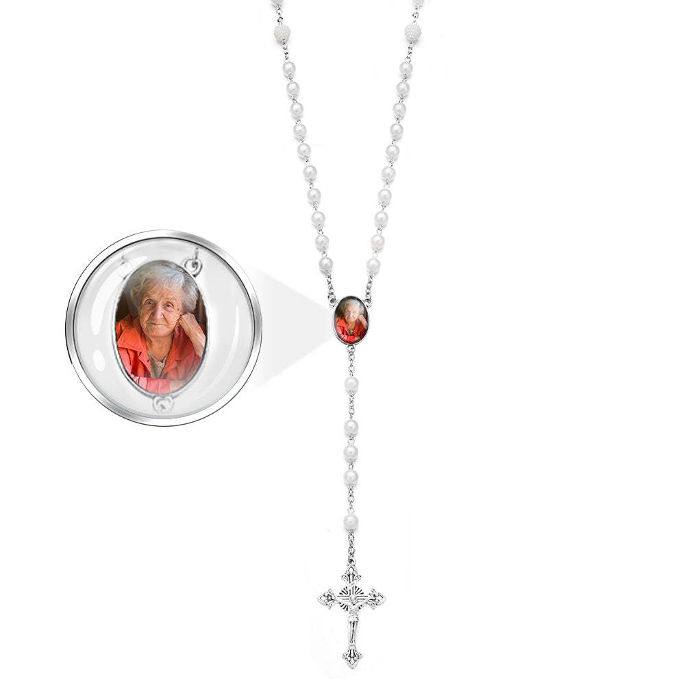 Custom Rosary Beads Cross Necklace Personalized White Bayberry Beads Necklace with Photo - Myphotowallet