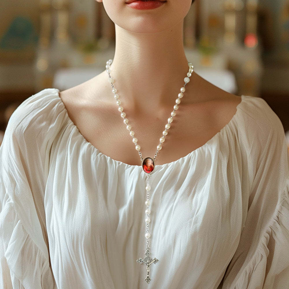 Custom Rosary Beads Cross Necklace Personalized White Bayberry Beads Necklace with Photo - Myphotowallet
