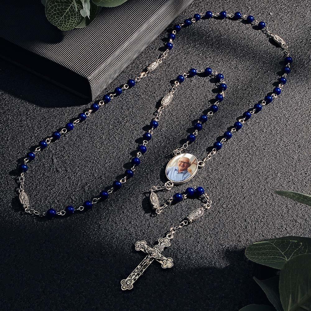 Custom Rosary Beads Cross Necklace Personalized Blue Imitation Pearls Necklace with Photo - Myphotowallet