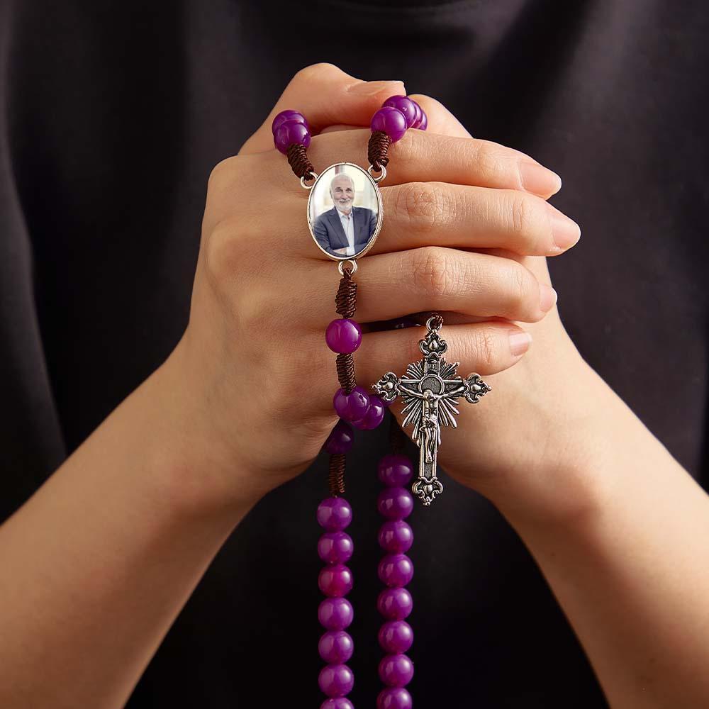 Custom Rosary Beads Cross Necklace Personalized Handmade Purple Necklace with Photo - Myphotowallet