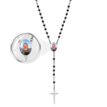 Custom Rosary Beads Cross Necklace Personalized Black Frosted Agate Necklace with Photo - Myphotowallet