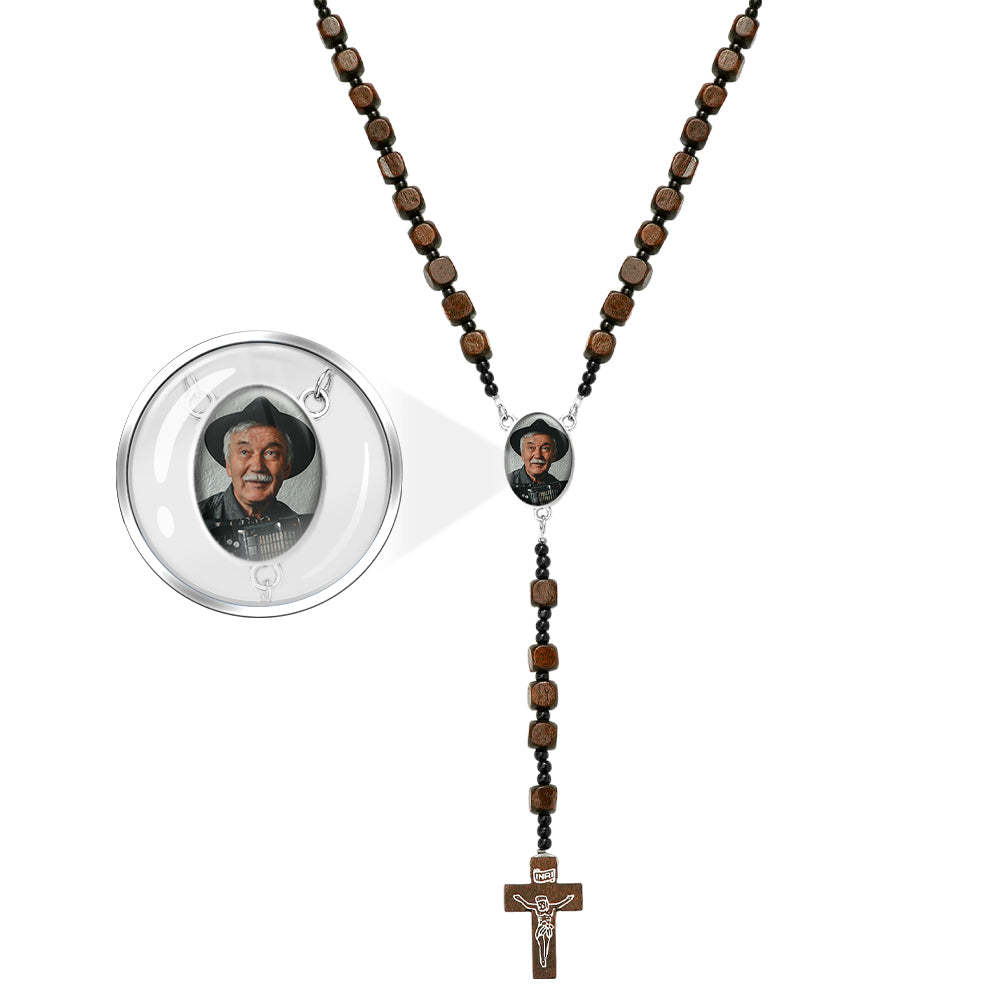 Custom Rosary Beads Cross Necklace Personalized Square Wooden Beads Necklace with Photo - Myphotowallet