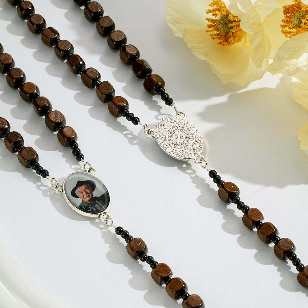 Custom Rosary Beads Cross Necklace Personalized Square Wooden Beads Necklace with Photo - Myphotowallet