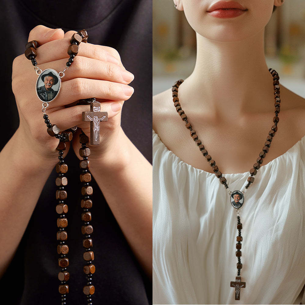 Custom Rosary Beads Cross Necklace Personalized Square Wooden Beads Necklace with Photo - Myphotowallet