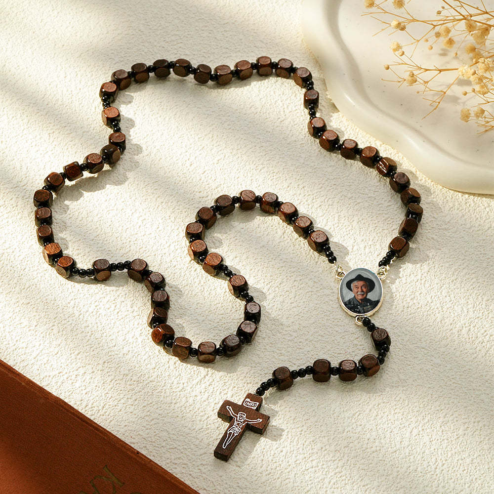 Custom Rosary Beads Cross Necklace Personalized Square Wooden Beads Necklace with Photo - Myphotowallet