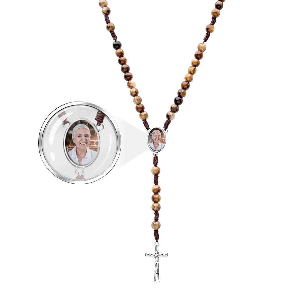 Custom Rosary Beads Cross Necklace Personalized Imitation Agate Beads Hand Woven Necklace with Photo - Myphotowallet