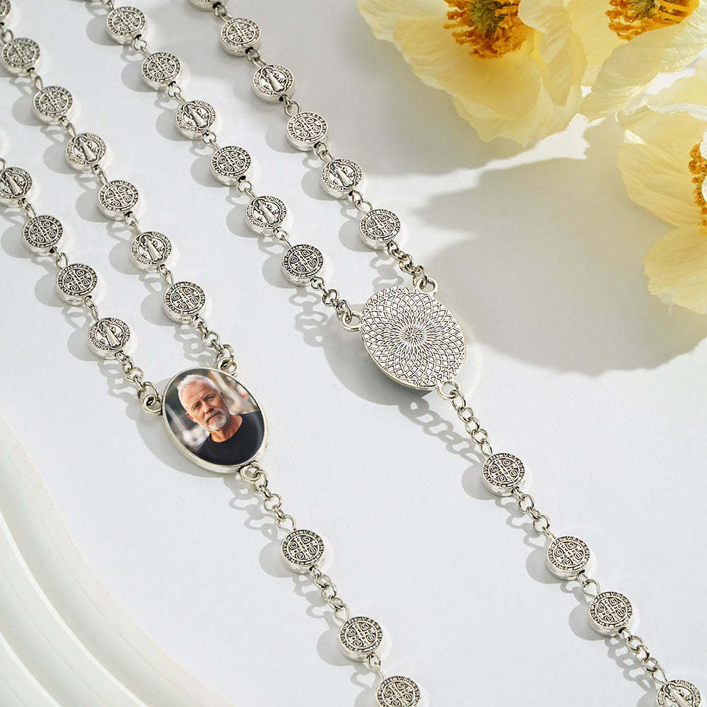 Custom Rosary Beads Cross Necklace Personalized Vintage Alloy Beads Necklace with Photo - Myphotowallet