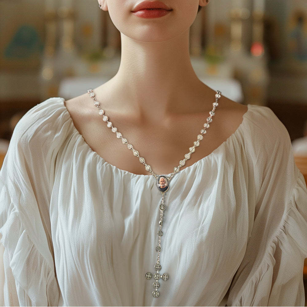 Custom Rosary Beads Cross Necklace Personalized Vintage Alloy Beads Necklace with Photo - Myphotowallet