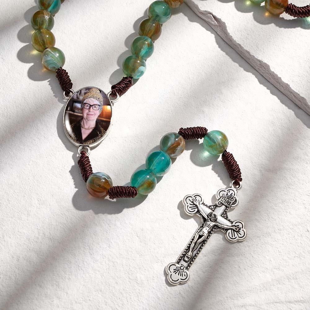 Custom Rosary Beads Cross Necklace Personalized Imitation Agate Round Beads Necklace with Photo - Myphotowallet