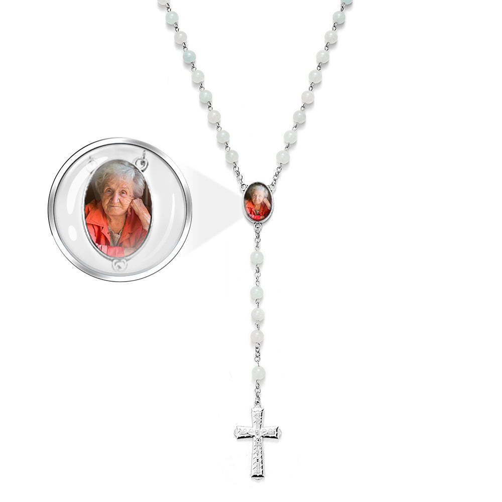 Custom Rosary Beads Cross Necklace Personalized Aquamarine Chalcedony Beads Necklace with Photo - Myphotowallet