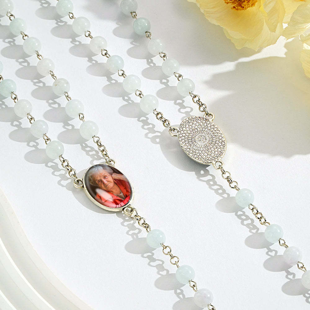 Custom Rosary Beads Cross Necklace Personalized Aquamarine Chalcedony Beads Necklace with Photo - Myphotowallet