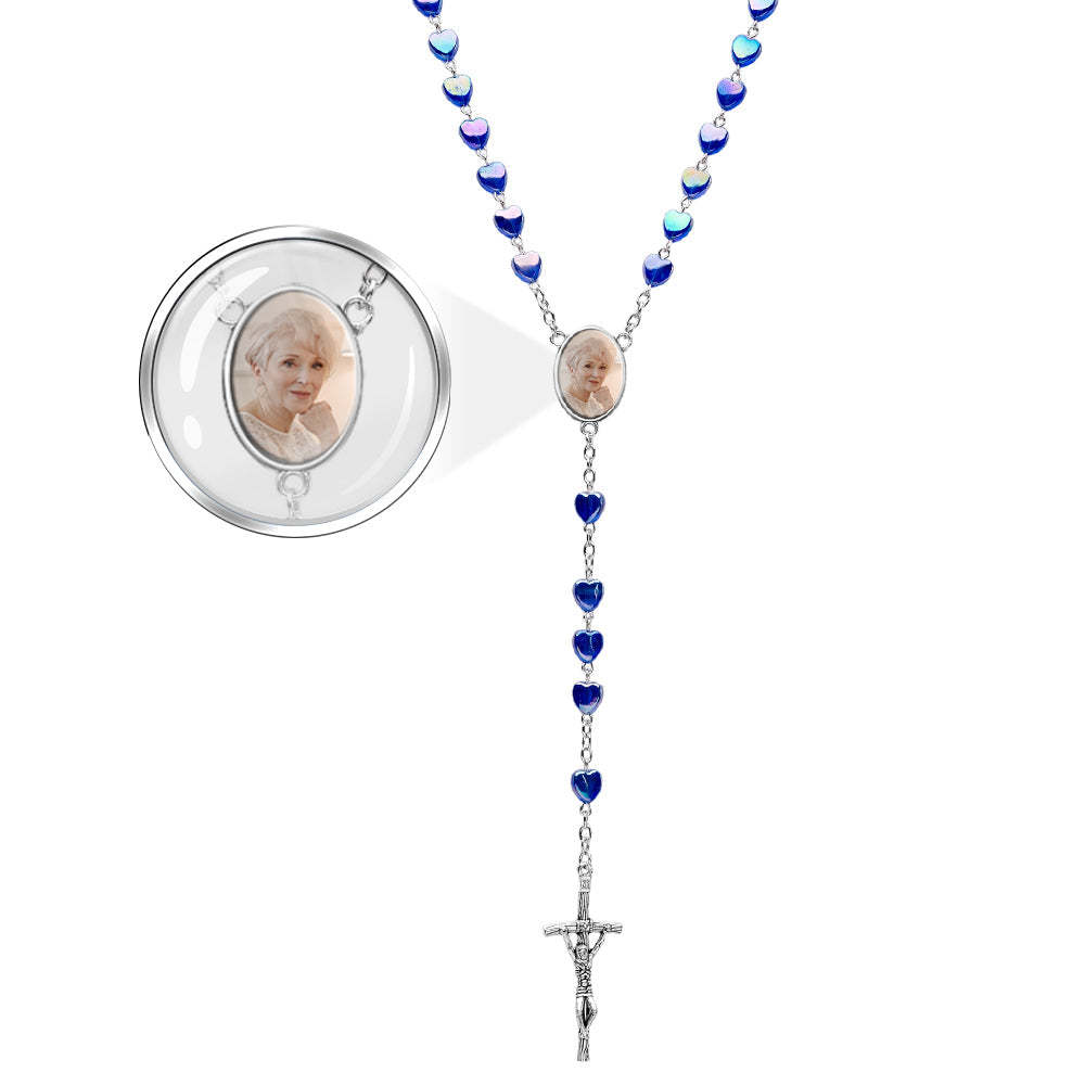 Custom Rosary Beads Cross Necklace Personalized Cross Heart Necklace with Photo - Myphotowallet