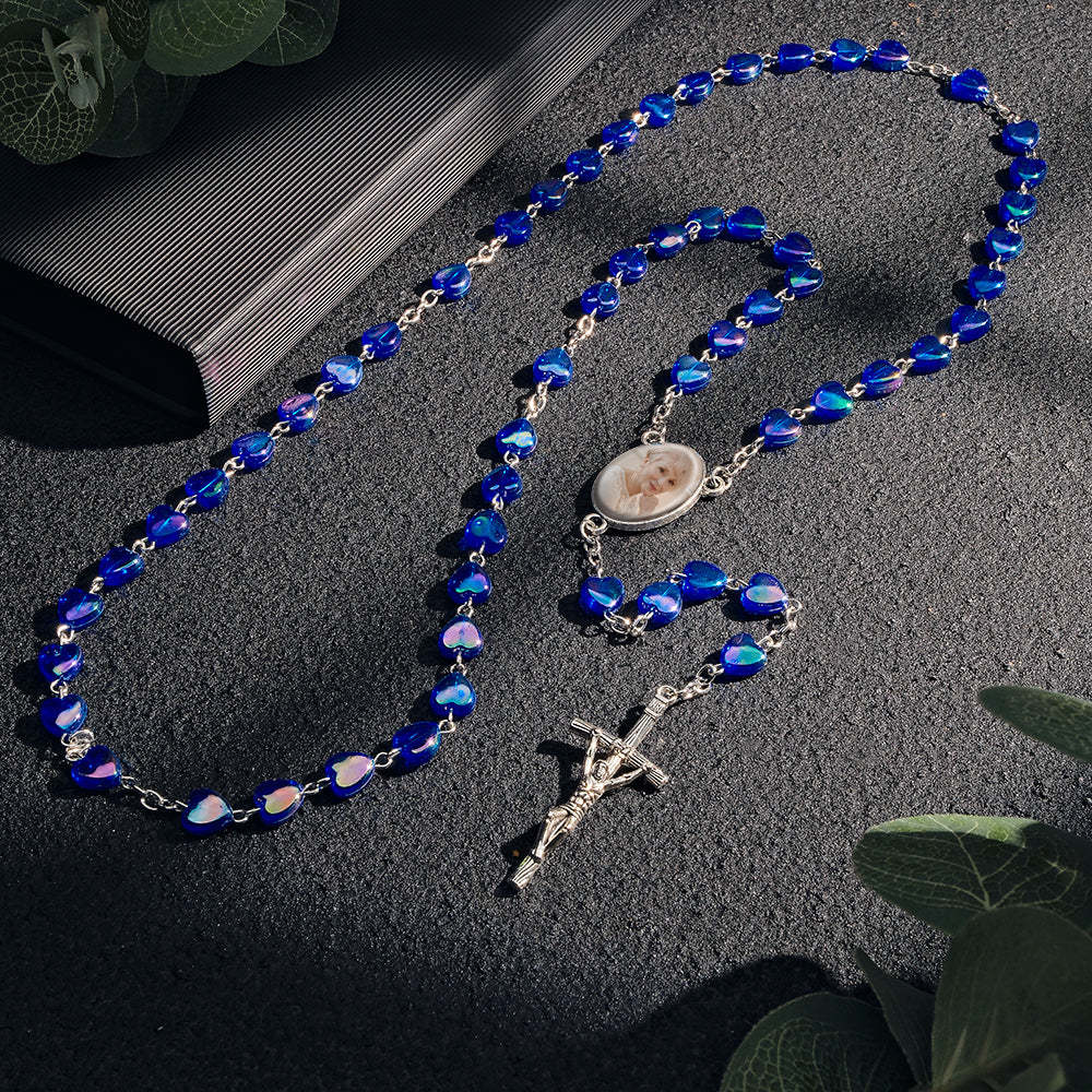 Custom Rosary Beads Cross Necklace Personalized Cross Heart Necklace with Photo - Myphotowallet