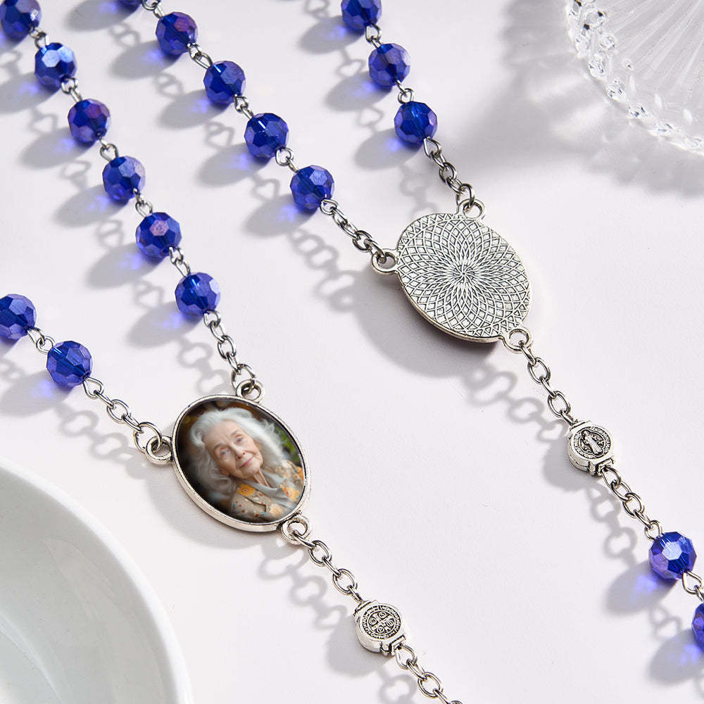 Custom Rosary Beads Cross Necklace Personalized Blue Crystal Necklace with Photo - Myphotowallet