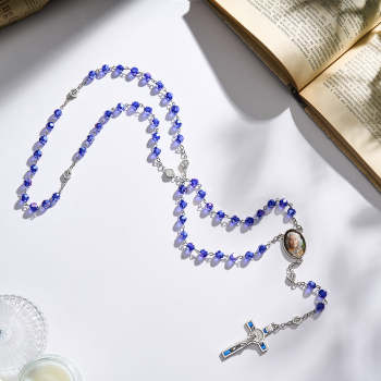 Custom Rosary Beads Cross Necklace Personalized Blue Crystal Necklace with Photo - Myphotowallet