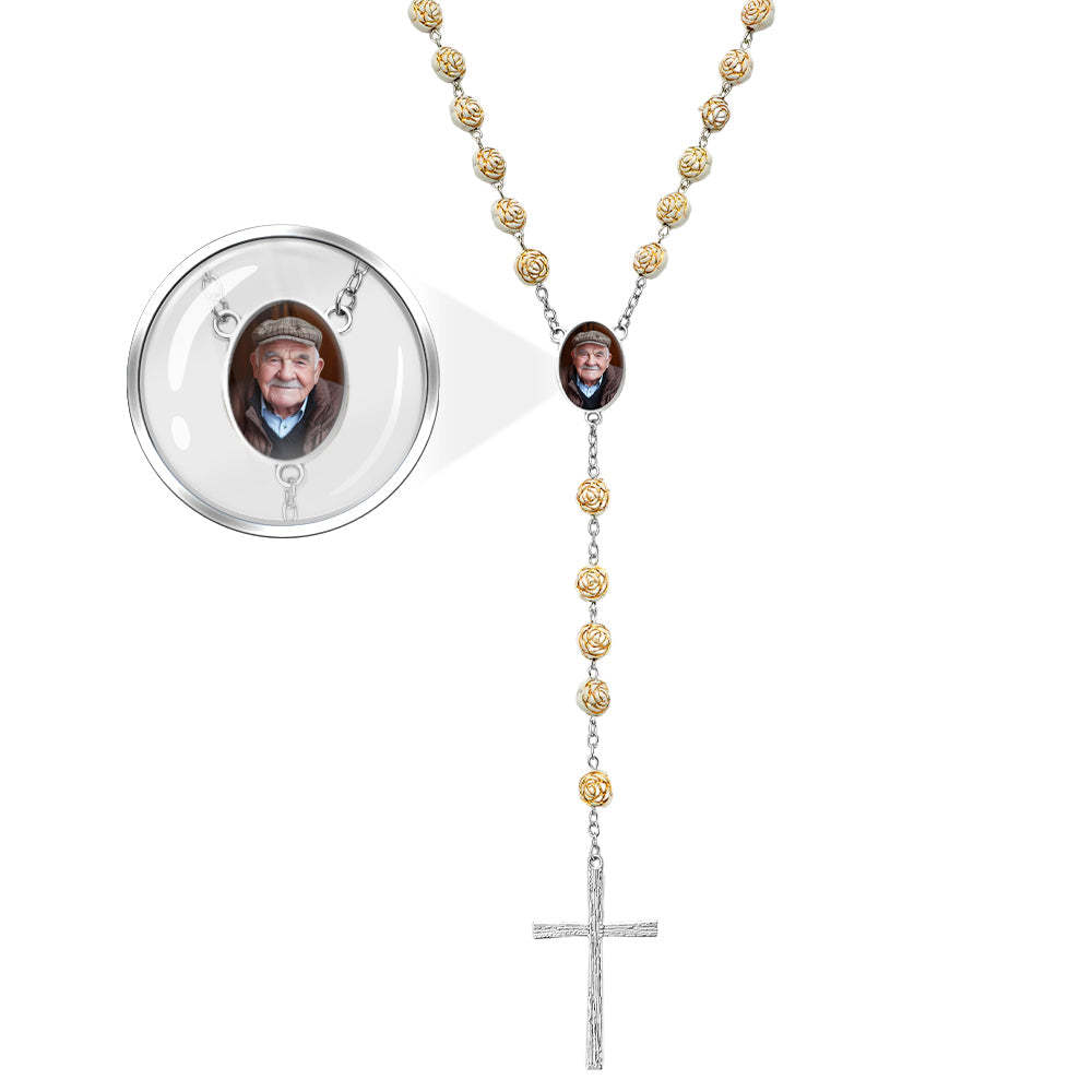 Custom Rosary Beads Cross Necklace Personalized Golden Rose Beads Necklace with Photo - Myphotowallet