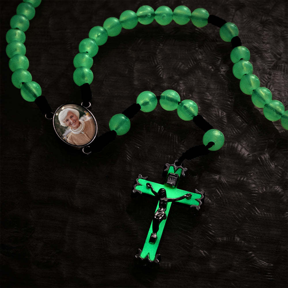 Custom Rosary Beads Cross Necklace Personalized Retro Acrylic Luminous Necklace with Photo - Myphotowallet