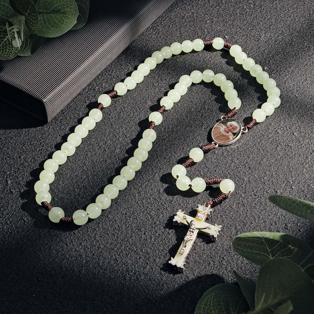 Custom Rosary Beads Cross Necklace Personalized Retro Acrylic Luminous Necklace with Photo - Myphotowallet