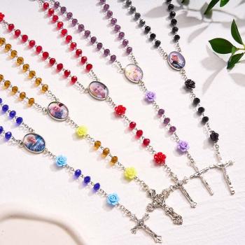 Custom Rosary Beads Cross Necklace Personalized Rose Crystal Necklace with Photo - Myphotowallet