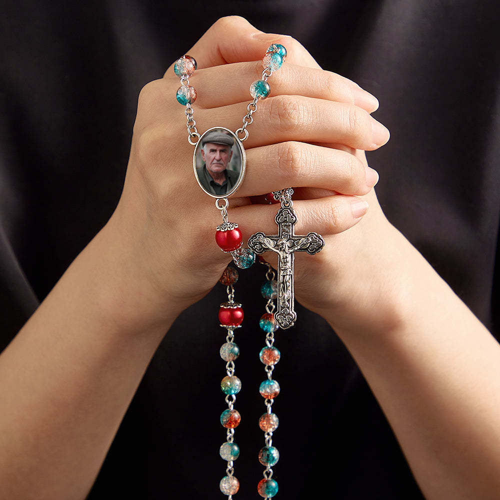 Custom Rosary Beads Cross Necklace Personalized Acrylic Explosion Beads Long Style Necklace with Photo - Myphotowallet