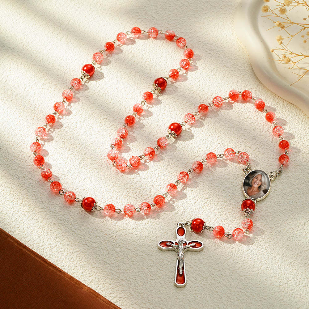 Custom Rosary Beads Cross Necklace Personalized Acrylic Explosion Beads Long Style Necklace with Photo - Myphotowallet