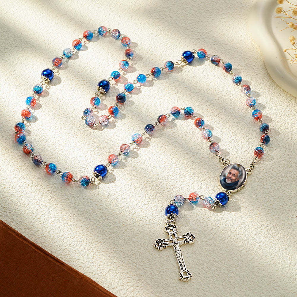 Custom Rosary Beads Cross Necklace Personalized Acrylic Explosion Beads Long Style Necklace with Photo - Myphotowallet